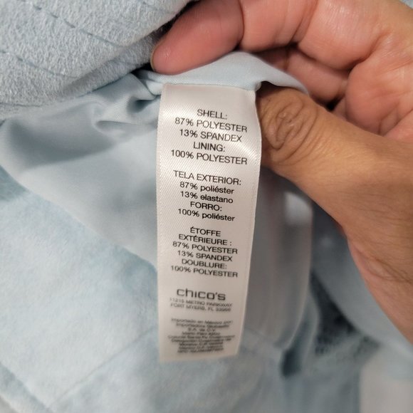 Chico's Women's Biker Jacket Color Light Blue Laser cut details Sz 1 - Picture 7 of 8